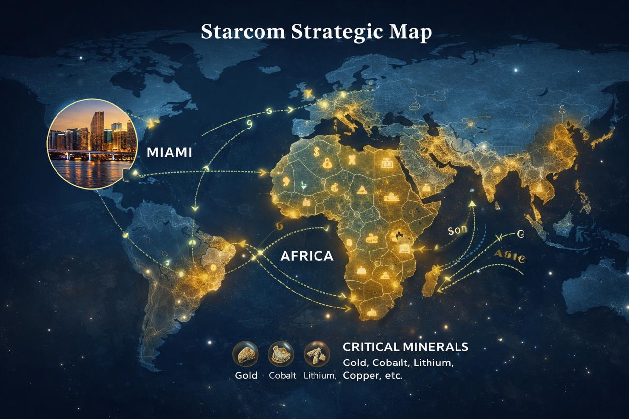 Starcom Strategic Map — global connectivity, Miami hub, Africa, and critical minerals